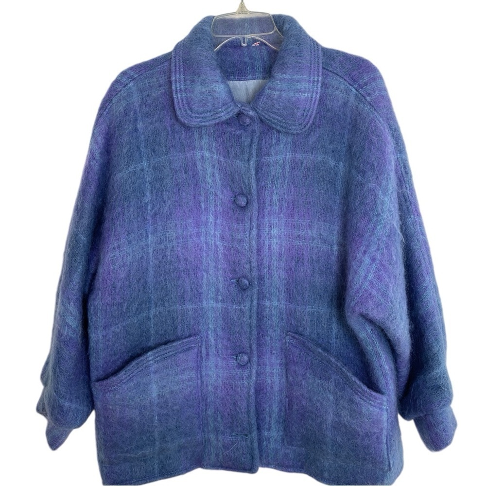 VTG Freedom Wear Irish Mohair Wool Coat Jacket Sz Medium Plaid Purple Periwinkle